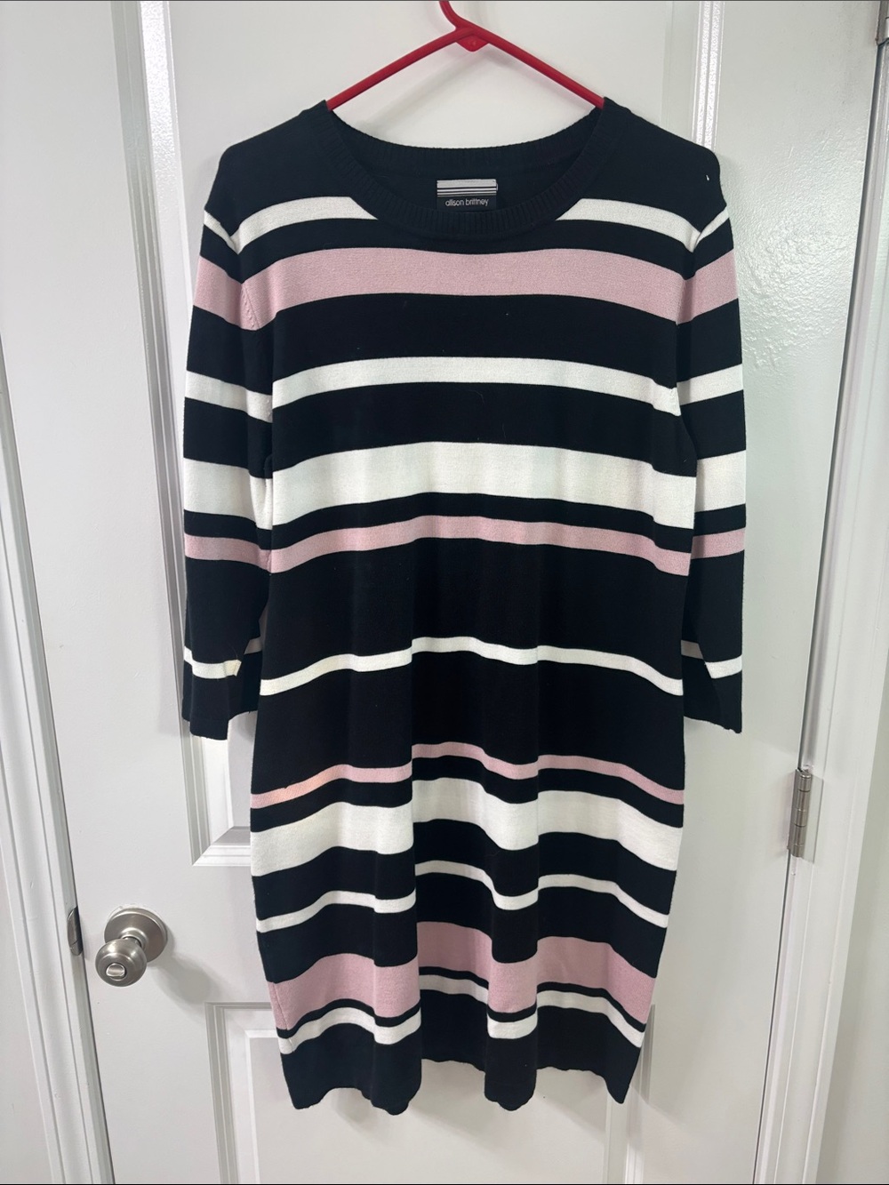 Allison Brittney Black, White & Pink Striped Midi Sweater Dress